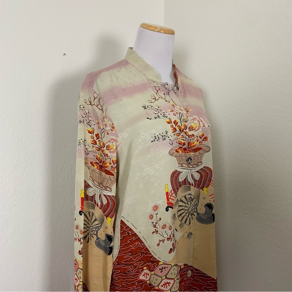 Citron 100% Silk Button Up Asian Inspired Tunic Blouse Women’s M Floral Mandarin - Picture 9 of 17